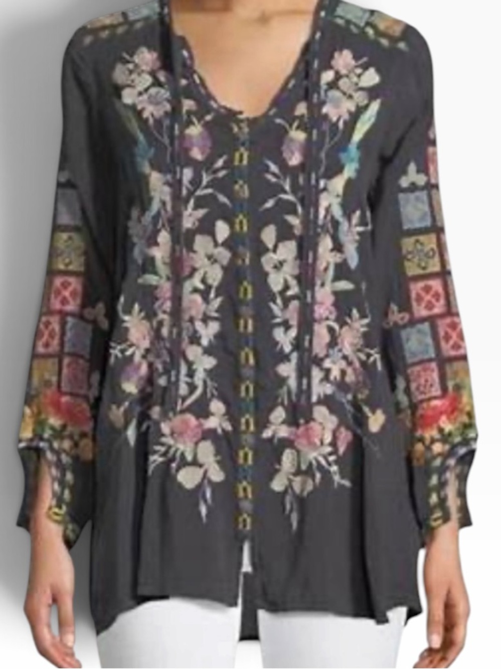 Johnny Was "Nikolita" Grey All Over Floral Embroidered Long-Sleeve Tunic Top LP
